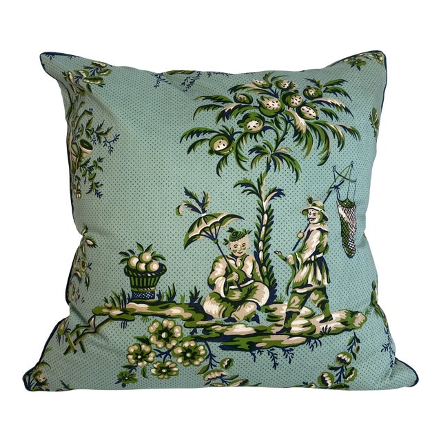 Blue & Green Chinoiserie Pillow With Navy MicroWelt Chairish