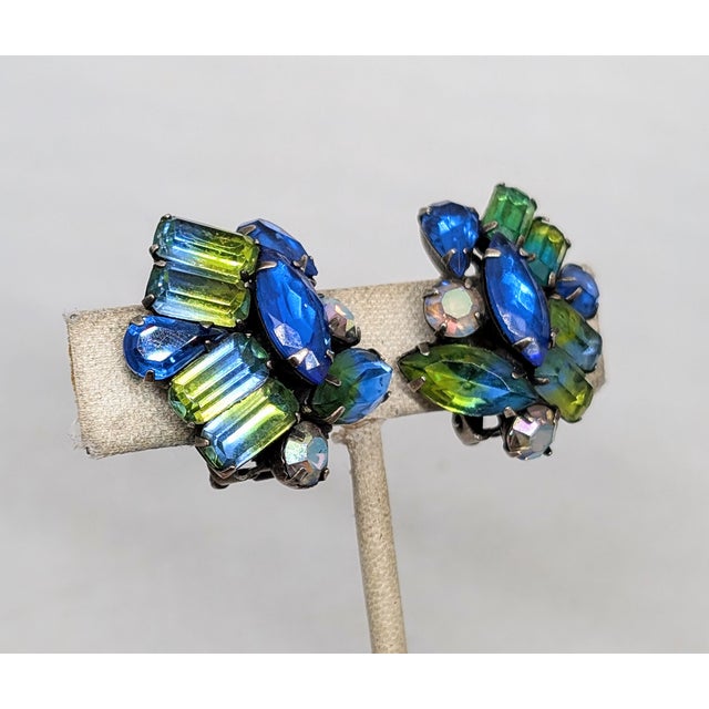 Mid-Century Modern Vintage 1960s Signed Kramer Blue & Green Cuba Rhinestone Clip Earrings-2 Pieces For Sale - Image 3 of 7
