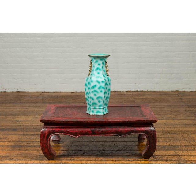 Chinese Vintage Chinese Turquoise Vase with Spotted Design and Hexagonal Neck For Sale - Image 3 of 10