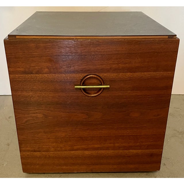 Midcentury Modern Cube Side Table on Casters With Brass Accents For Sale - Image 9 of 9