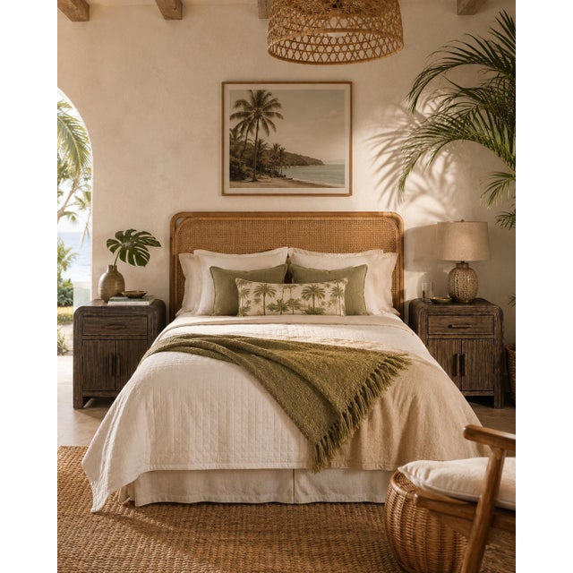 Striking pair of vintage pencil reed rattan nightstands featuring sculptural rounded waterfall silhouettes and a...