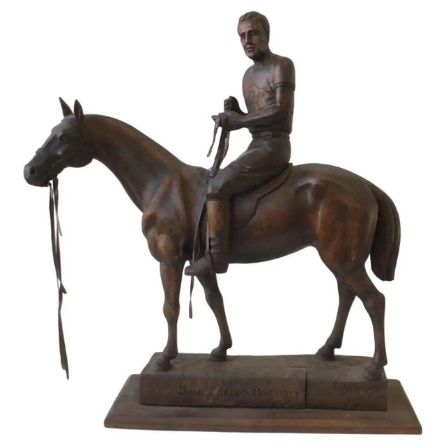 1970s Juan Carlos Harriott on His Polo Pony Carved Wood Sculpture by E. Dombrowe For Sale - Image 13 of 13