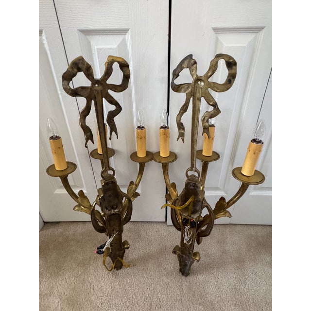 Vintage Mid-Century Louis XIV Solid Brass 3-Arm Wall Sconces W/Ribbons - Pair For Sale - Image 15 of 17