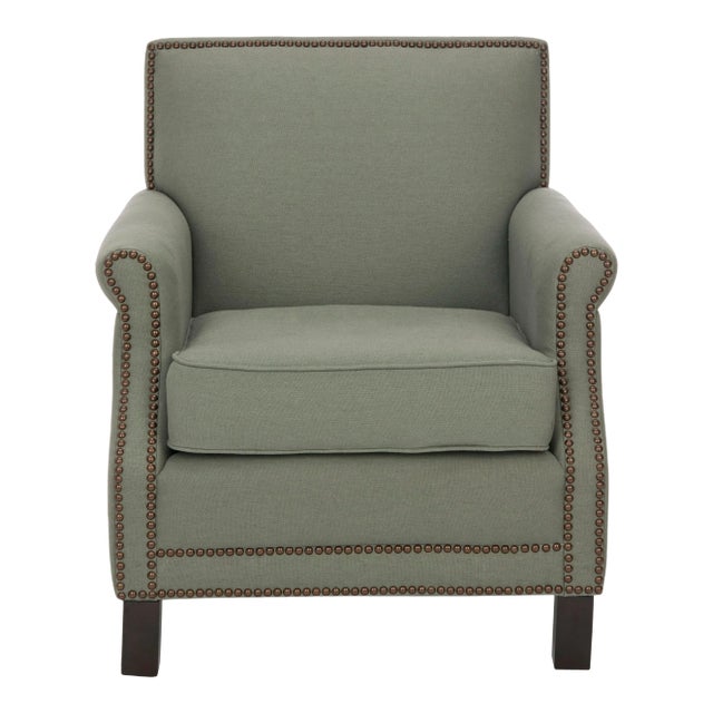 Club Chair with Brass Nailheads in Sea Mist & Java For Sale