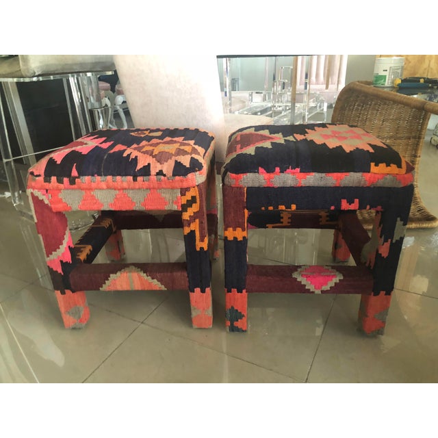 Vintage Boho Kilim Rug Upholstered Benches Stools Ottomans A Pair