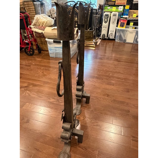 Antique French Medieval-Style Wrought Iron Andirons For Sale In New York - Image 6 of 8