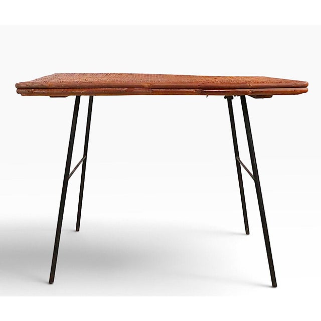 Mid Century Wicker Top Wrought Iron Base Side Table For Sale - Image 4 of 10