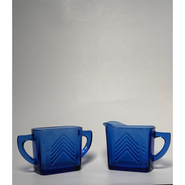 Mid-Century Modern Vintage Art Deco "Chevron" Cobalt Blue Depression Glass Sugar & Creamer Set For Sale - Image 3 of 10