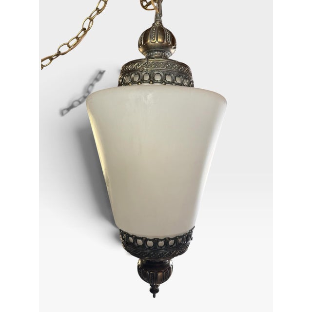 Glass Vintage Hollywood Regency Milk Glass & Antiqued Brass Plug-in Swag Lamp For Sale - Image 7 of 9