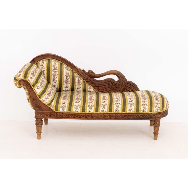 Empire Style Salesman Sample Walnut Chaise Longue, with carved swan frame, floral and green striped upholstery on four...