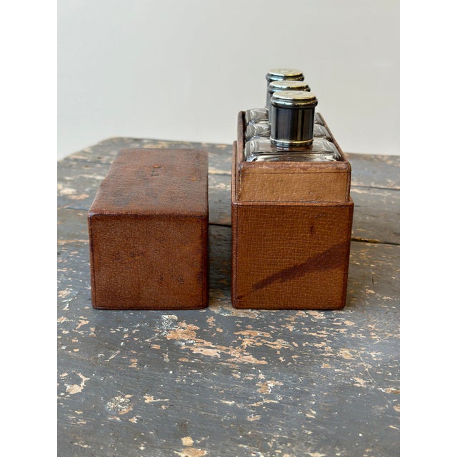 Vintage French Monogrammed Cut Glass + Silver Perfume / Liquor Bottle Travel Set in Leather Case, Circa 1920s For Sale - Image 10 of 12