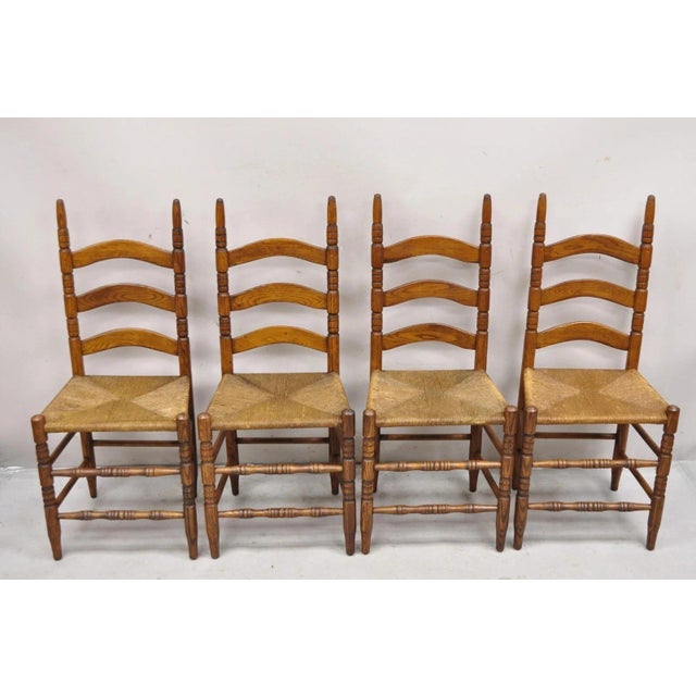 Antique Ladderback Primitive Rustic Oak Wood Rush Seat Dining Chairs - Set of 4 For Sale - Image 11 of 11