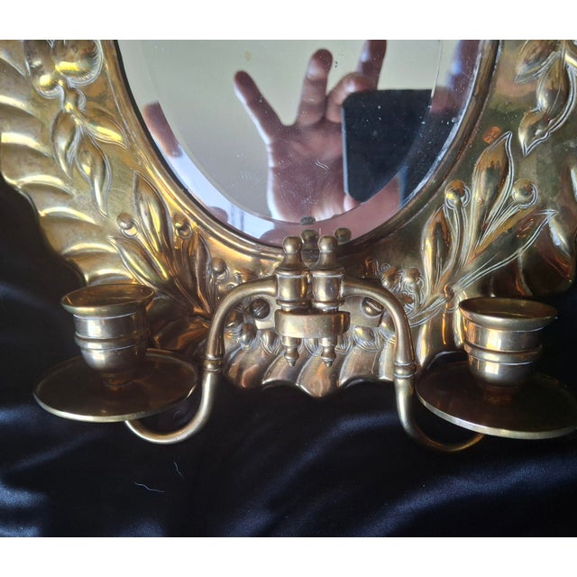 C1820 British Georgian Brass Repousse Mirrored Candle Wall Sconces a - Pair For Sale - Image 4 of 8