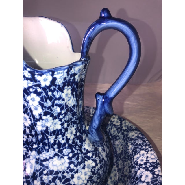 Vintage Victorian Pitcher and Wash Basin Blue and White Flowers Ironstone Set For Sale - Image 4 of 6