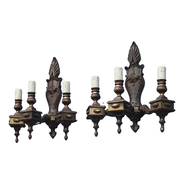 Vintage Rococo Revival Italian 3-Arm Wall Sconces, 1940s, Set of 2 For Sale