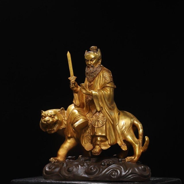 Traditional Late 19th Century Gilt Bronze Zhang Tianshi Statue on Tiger, Taoist Deity, 8.76kg For Sale - Image 3 of 9