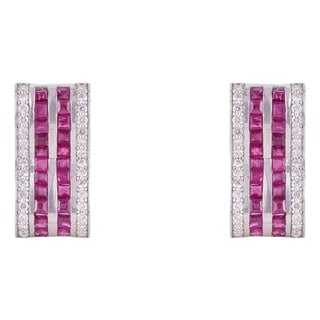 Contemporary Geometric Ruby & Diamond Hoop Earrings in 925 Sterling Silver, A Pair For Sale