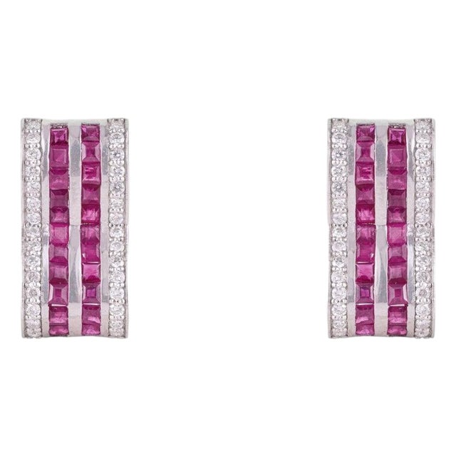 Contemporary Geometric Ruby & Diamond Hoop Earrings in 925 Sterling Silver, A Pair For Sale