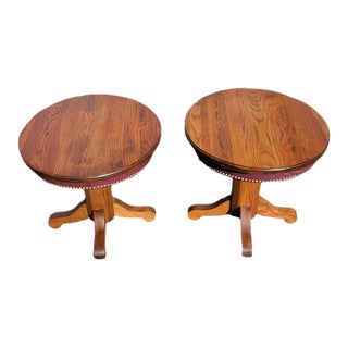 American Amish Mission Oak Pedestal Oval Side Tables With Leatherette and Nail Trim Apron For Sale