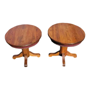 American Amish Mission Oak Pedestal Oval Side Tables With Leatherette and Nail Trim Apron
