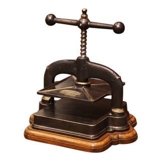 Mid-19th Century French Wrought Iron Book Binding Press on Oak Stand From Lyon For Sale