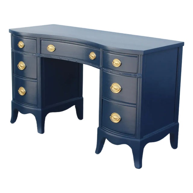 1970s Vintage Chippendale Pedestal Blue Desk For Sale