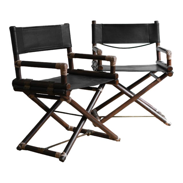 Director's Chairs in Bamboo and Black Leather by Lyda Levi for McGuire, 1970s, Set of 2 For Sale