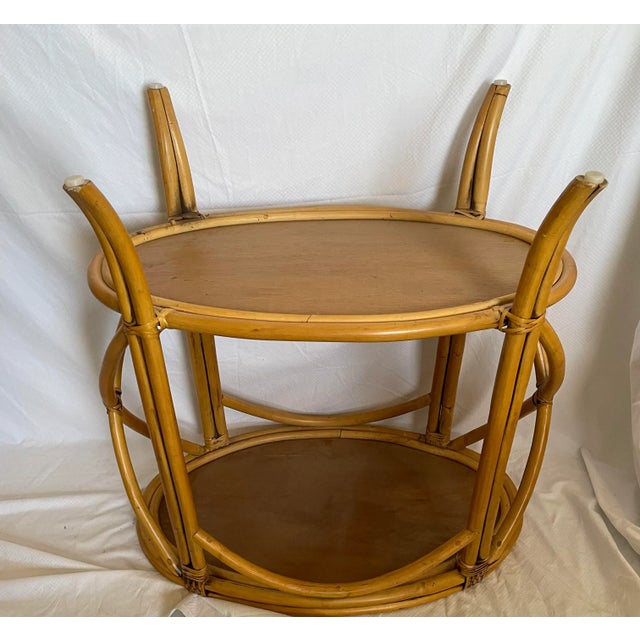 1960s 1960s Chippendale Bamboo and Rattan Wicker Oval Bar Cart For Sale - Image 5 of 12