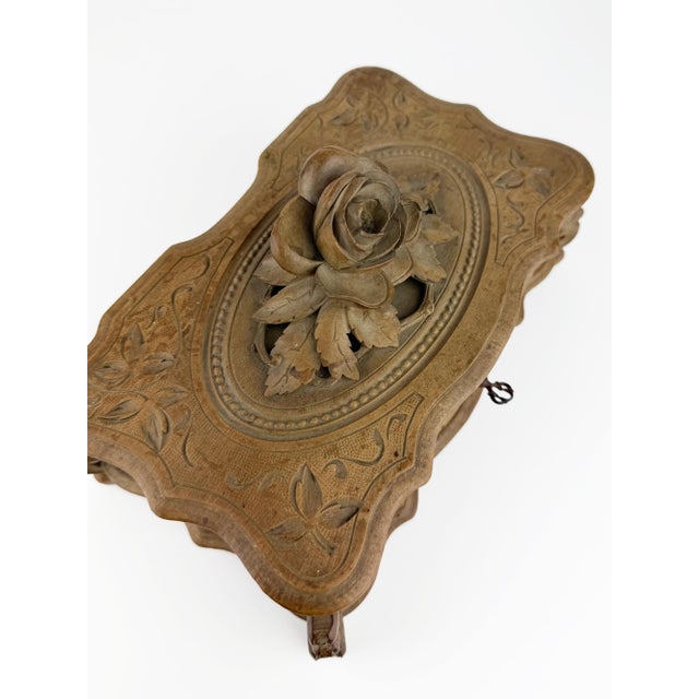 Antique Black Forest Carved Wood Jewelry Box with Rose, 1890s For Sale - Image 3 of 14
