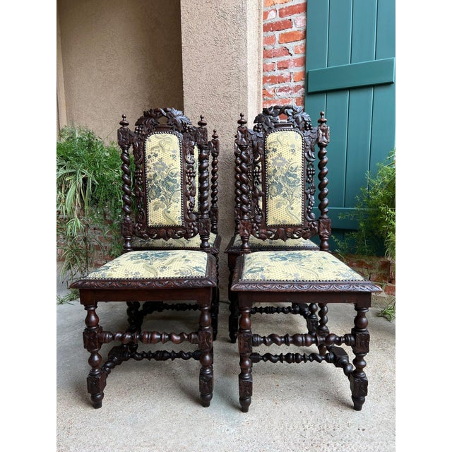 Set 4 Antique French Dining Chairs Barley Twist Renaissance Carved Oak Green 1900 For Sale - Image 14 of 18