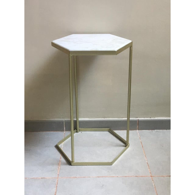 New marble top and gilt painted iron hexagonal side table, end table or pedestal.