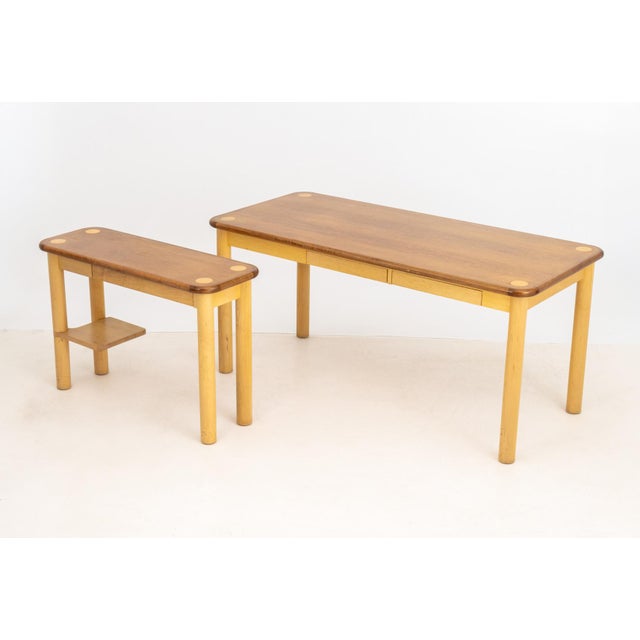 Modern Maple L-Shaped Desk, with two-drawers and removable return with corner undertier shelf and one drawer on...