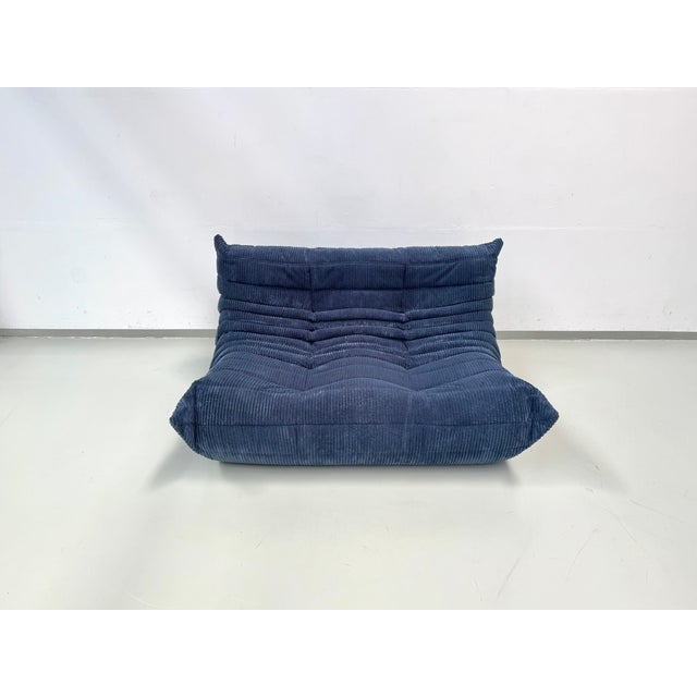 Blue French Togo 2-Seater Sofa in Blue Corduroy attributed Michel Ducaroy for Ligne Roset, 1970s For Sale - Image 8 of 12