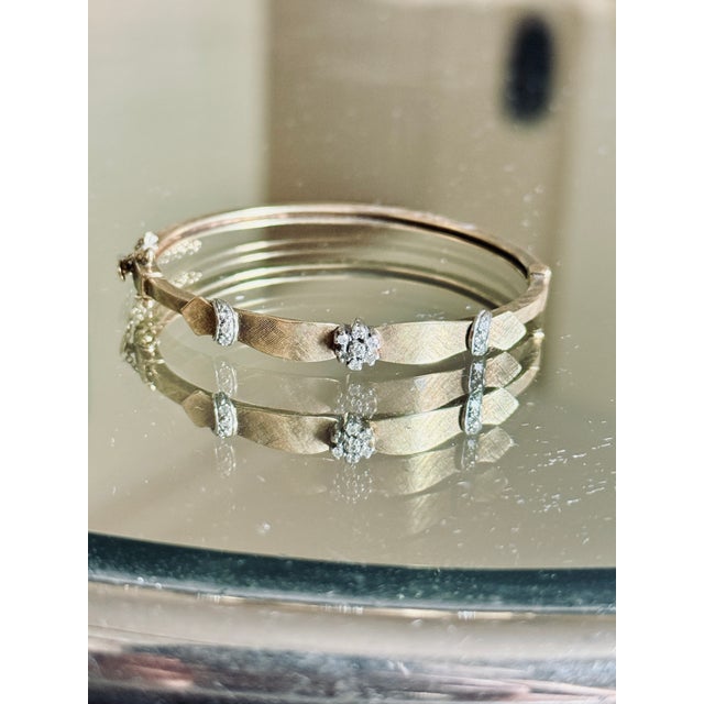 Gold Mid Century 18k Yellow Gold Florentine Finish Diamond and Crescent Bangle Bracelet For Sale - Image 8 of 15