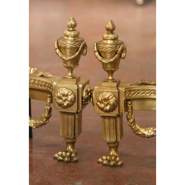Late 19th Century Pair of 19th Century French Louis XVI Gilt Bronze Fireplace Chenets Andirons For Sale - Image 5 of 10