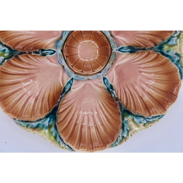 1940s French Art Deco Blue Green and Peach Ceramic Oyster Plate For Sale - Image 9 of 11