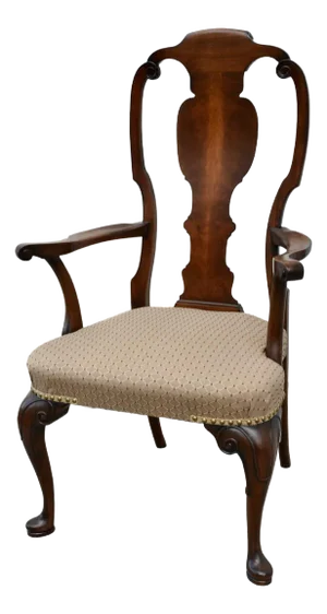 Walnut Queen Anne Armchair Desk Dining Chair Brass Stud Accents Vintage 1960s