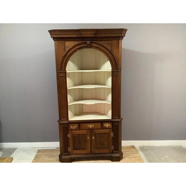 Antique Corner Cabinet Burled Wood Painted Interior 2 Pce Fluted Column Arched For Sale - Image 13 of 13