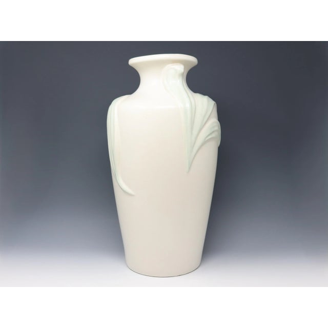 Vintage Harris Potteries Art Nouveau style pottery vase with light green / celadon leaves. Made in Chicago in the 1980's.
