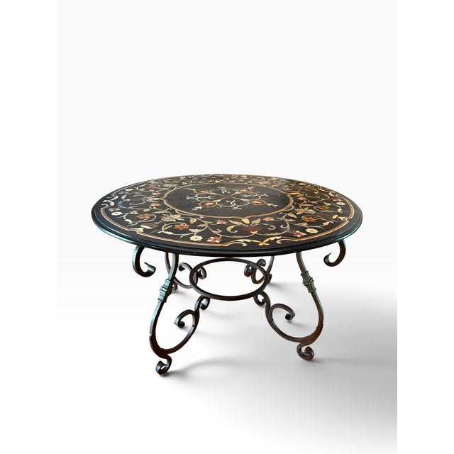Rustic European Antique Italian Pietra Dura Inlaid Marble & Wrought Iron Dining Table For Sale - Image 3 of 5