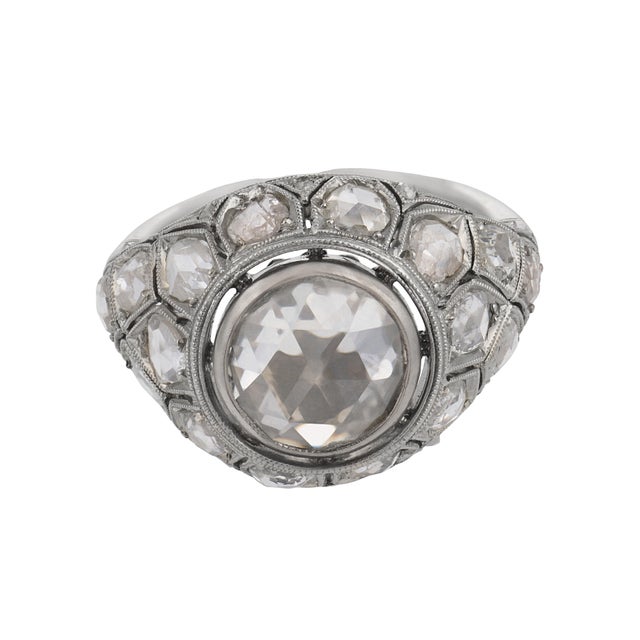 Art Deco Antique Rose Cut Diamond 18k White Gold Bombe Ring, Size 6 For Sale - Image 3 of 6