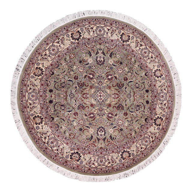Shabby Chic 1990's Pak-Persian Green/Beige Wool Round Rug- 6'1'' X 6'1'' For Sale