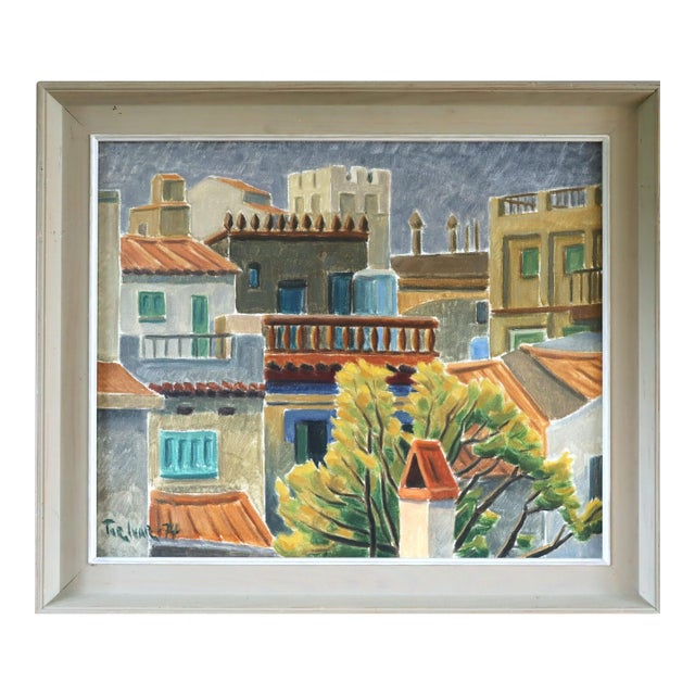 1974 Modernist 'Sunlit Terraces' Swedish Expressive Townscape Scene Oil Painting, Framed For Sale