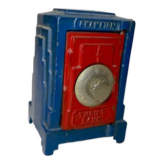 Antique Cast Iron Champion Safe Red Blue Art Deco Thrift Still Bank Geneva Ohio For Sale