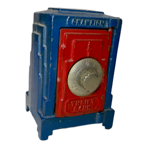 Antique Cast Iron Champion Safe Red Blue Art Deco Thrift Still Bank Geneva Ohio