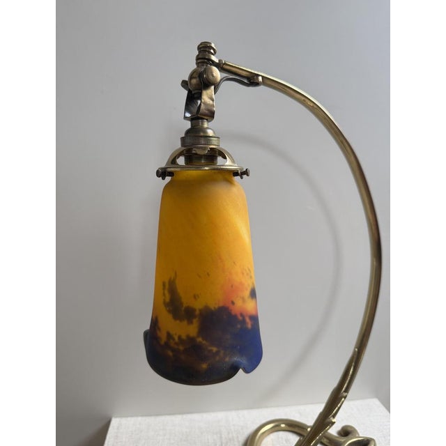 Metal French Art Deco Brass Desk Lamp with Glass Shade from Muller Frères Lunéville, 1920s For Sale - Image 7 of 12