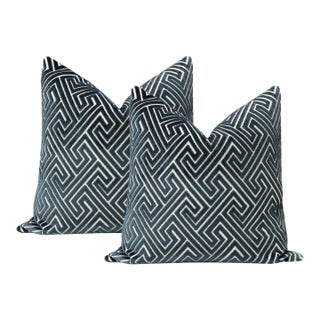 22" Navy Blue Roman Cut Velvet Pillows - a Pair For Sale
