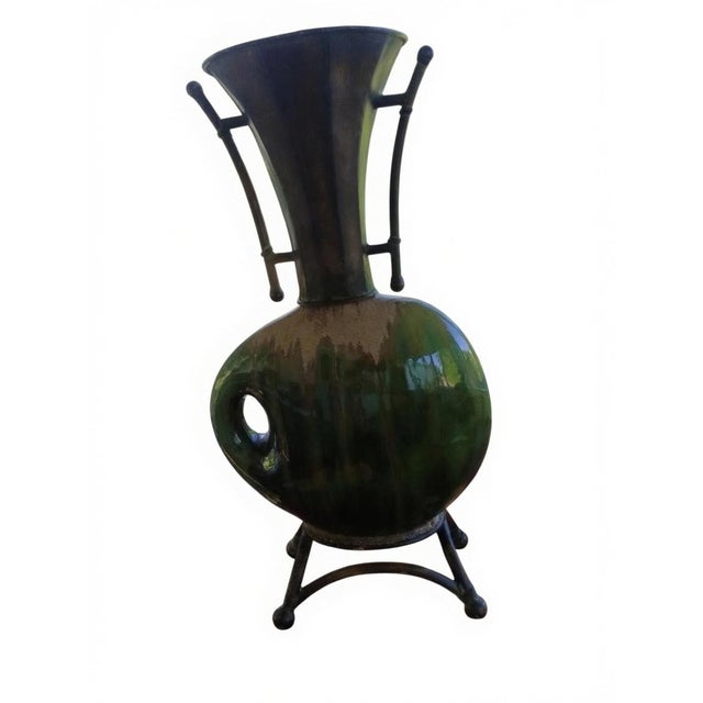 Artisan Glazed Ceramic Vase on Wrought Iron Stand With Sculptural Horn Accent For Sale - Image 4 of 10