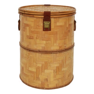 Italian Closed Rattan Basket with Leather Details, 1973 For Sale