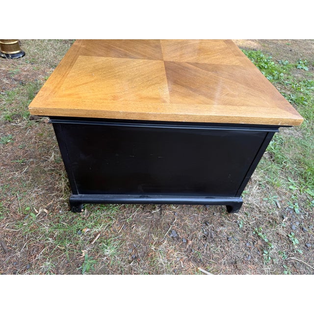 1970s 1970s Classic MCM Black and Gold Two Door Accent Cabinet With Brass Ring Pulls For Sale - Image 5 of 8